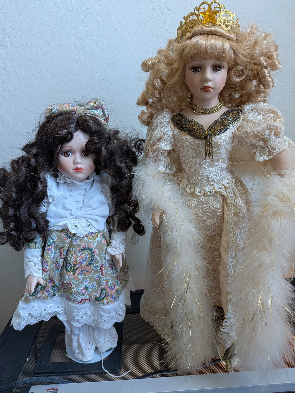 Vintage Style Porcelain Doll Set – 2 Collector Dolls w/ Fancy Dresses & Stands